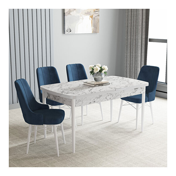 Hoopsii Mayer Beyaz Mermer Desen 70x114 Mdf Açılabilir Mutfak Masası Takımı 4 Adet Sandalye Lacivert