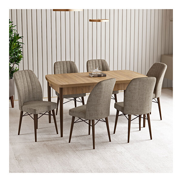 Hoopsii Vien Meşe Desen 80x132 Mdf Açılabilir Mutfak Masası Takımı 6 Adet Sandalye Cappucino