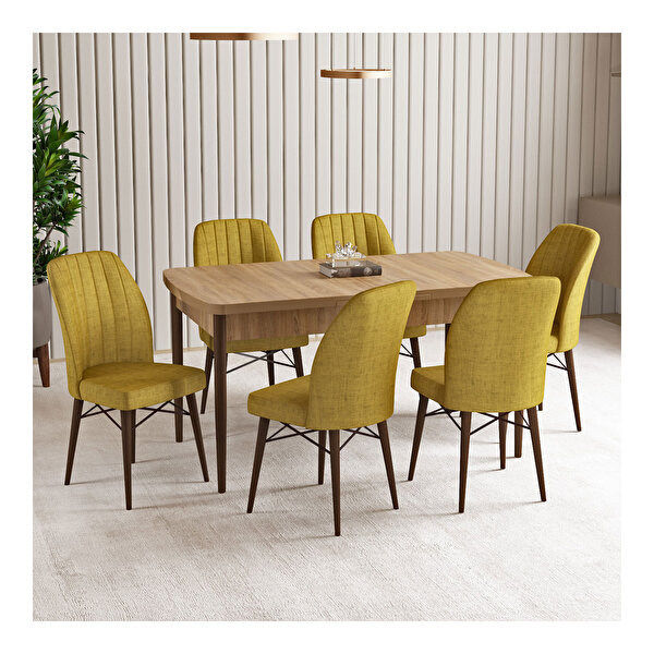 Hoopsii Vien Meşe Desen 80x132 Mdf Açılabilir Mutfak Masası Takımı 6 Adet Sandalye Hardal