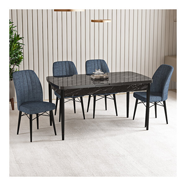 Hoopsii Vien Siyah Mermer Desen 80x132 Mdf Açılabilir Mutfak Masası Takımı 4 Adet Sandalye Antrasit