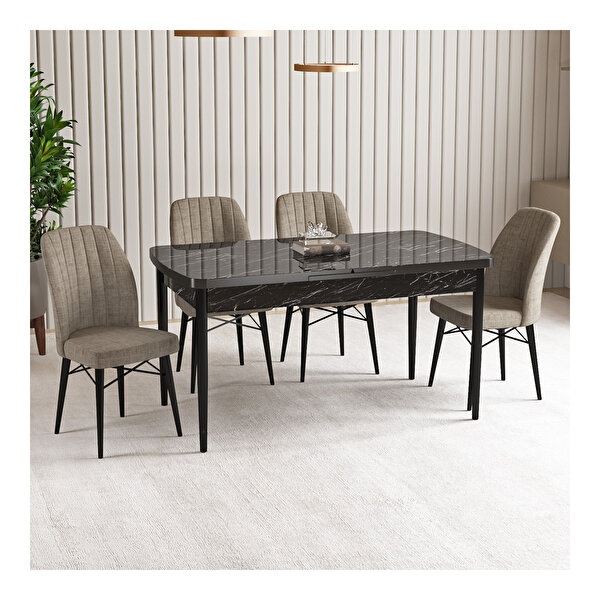 Hoopsii Vien Siyah Mermer Desen 80x132 Mdf Açılabilir Mutfak Masası Takımı 4 Adet Sandalye Cappucino
