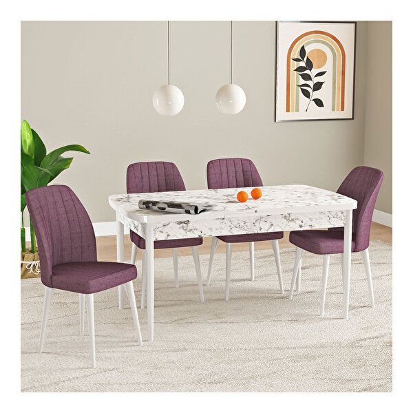 Hoopsii Esta Beyaz Mermer Desen 70x114 Mdf Açılabilir Mutfak Masası Takımı 4 Adet Sandalye Gül Kurusu