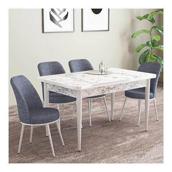 Hoopsii Life Beyaz Mermer Desen 70x110 Sabit Mdf Mutfak Masası Takımı 4 Adet Sandalye Füme