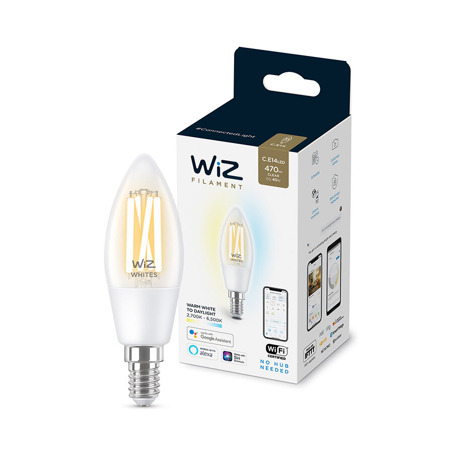 Philips
    WiZ Wi-Fi BLE Filament Şeffaf Cam Beyaz Ambiyans 2700K-6500K  4,9 - 40W C35 E14 İnce Duy 1PF/6 Akıllık Ampul_1