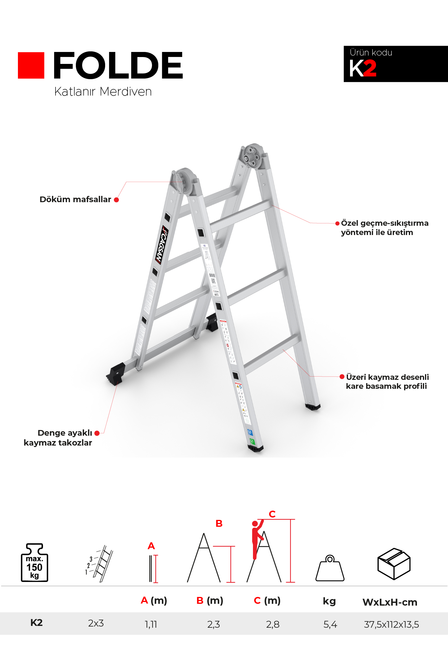 2x3 Basamaklı Folde - Katlanır Merdiven K2 2x3 Basamak