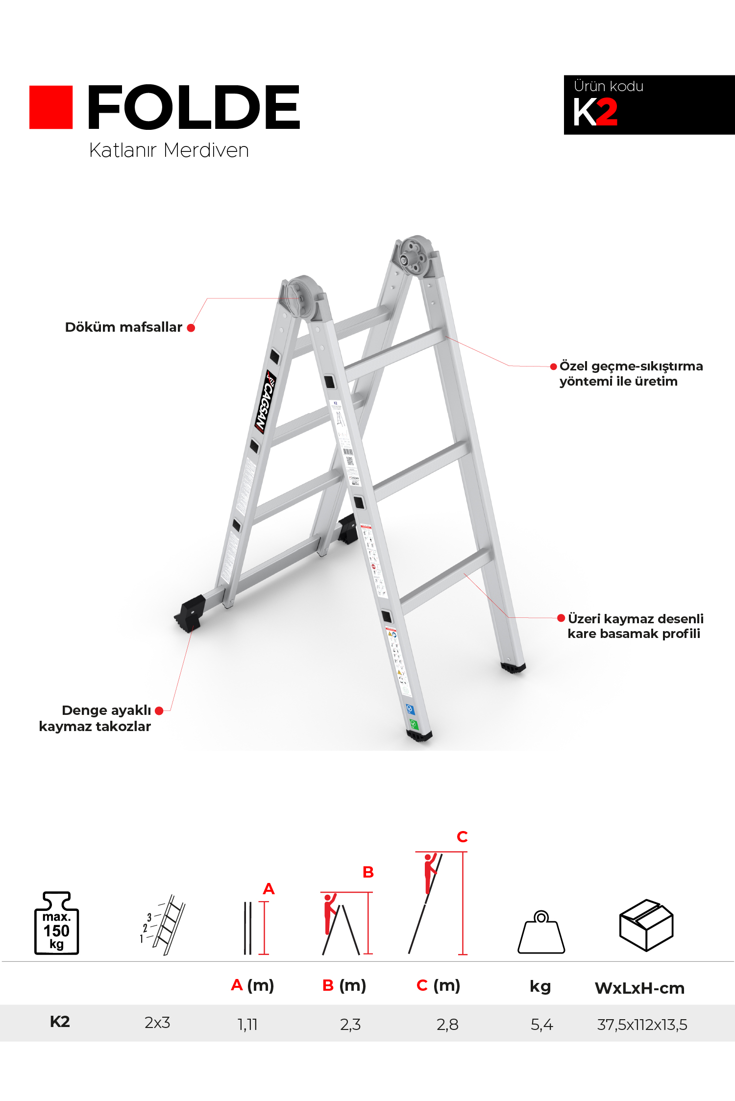 2x3 Basamaklı Folde - Katlanır Merdiven K2 2x3 Basamak