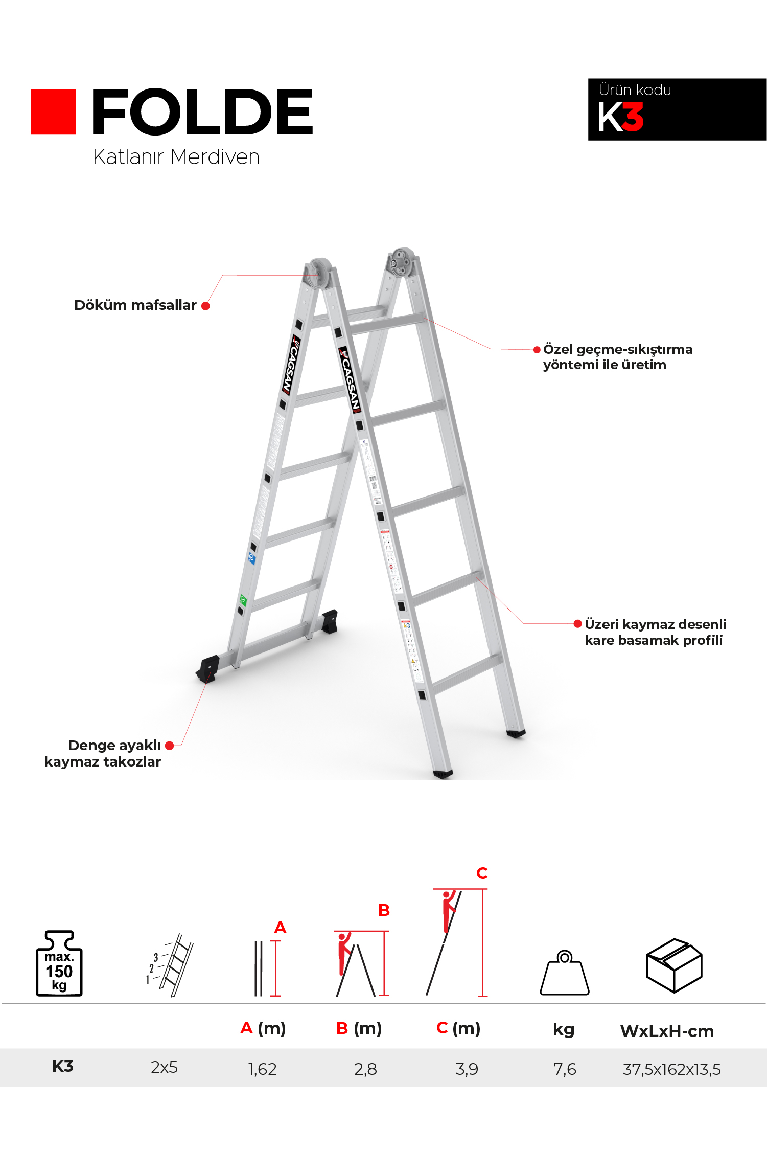 2x5 Basamaklı Folde - Katlanır Merdiven K3 2x5 Basamak