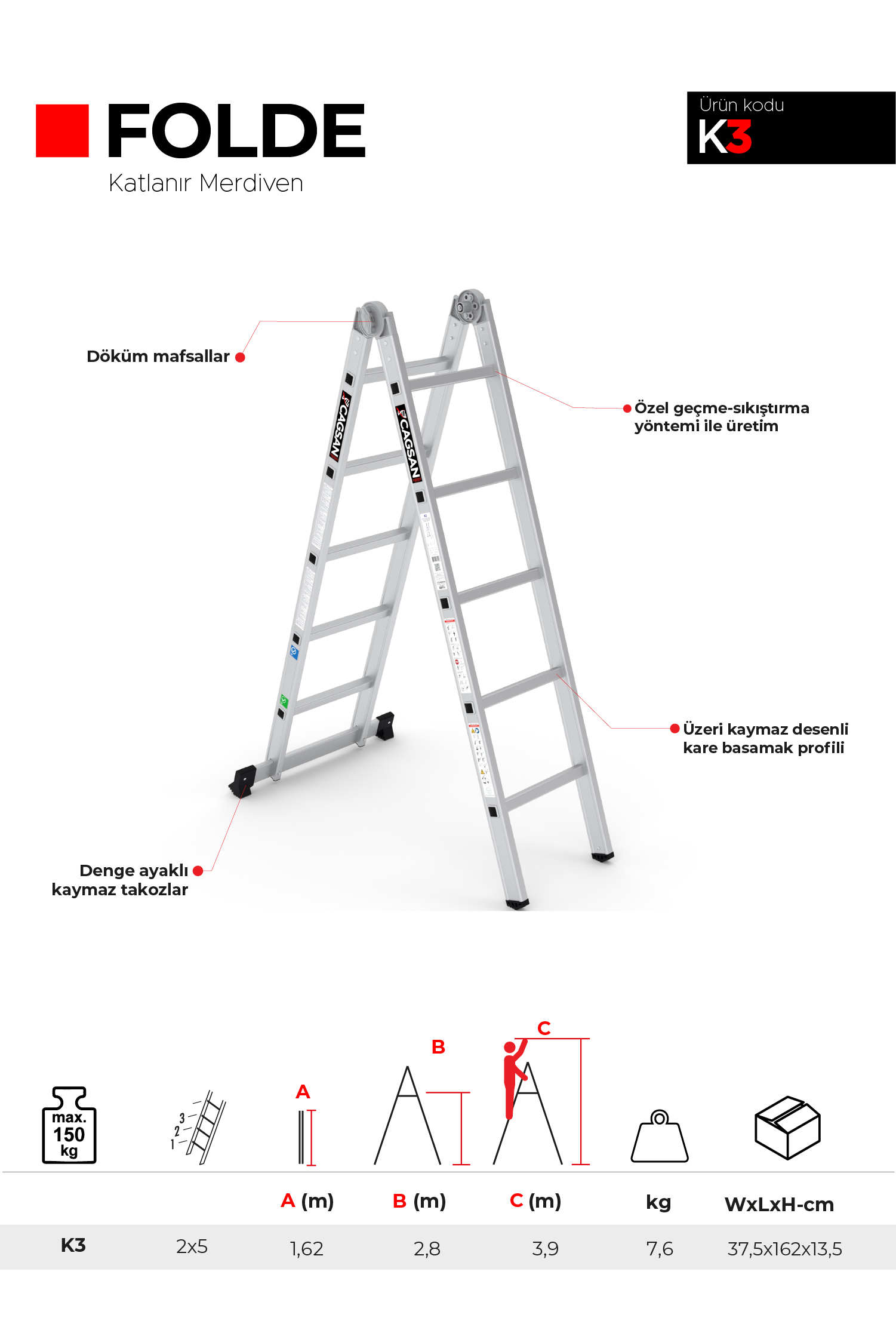 2x5 Basamaklı Folde - Katlanır Merdiven K3 2x5 Basamak