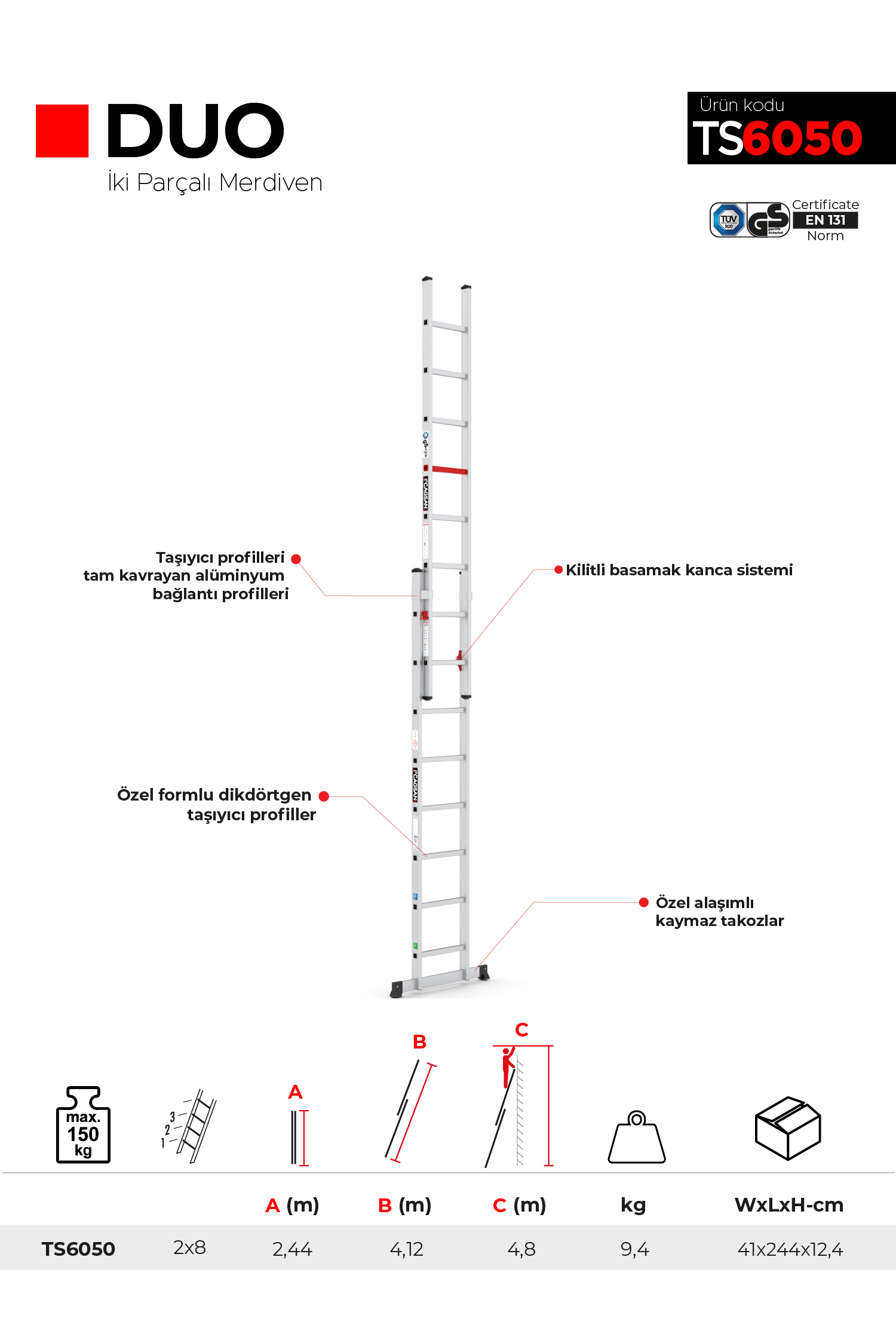 2x8 Basamaklı Duo - İki Parçalı Alüminyum Merdiven Ts6050 2x8  Basamak