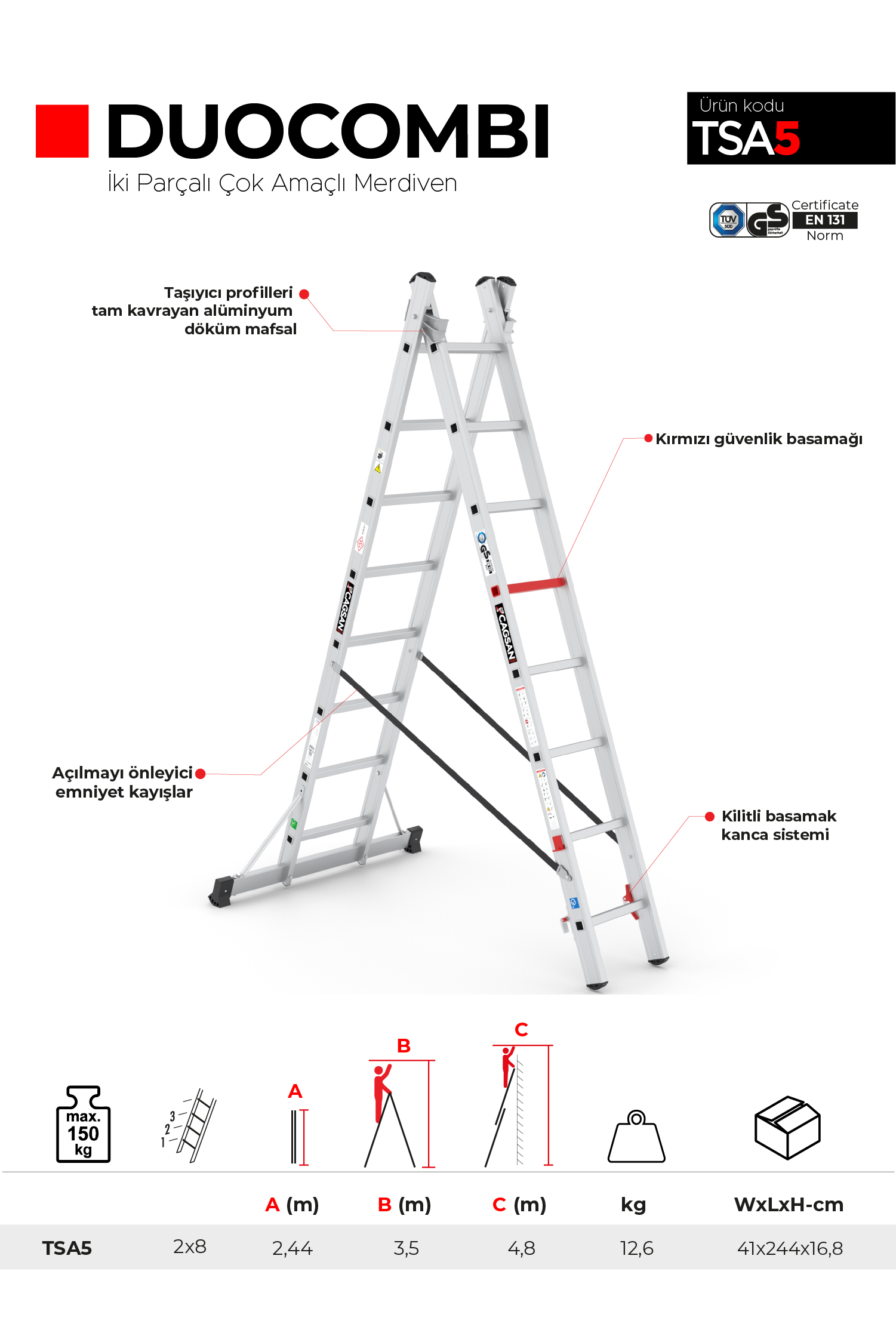2x8 Basamaklı Duocombi - İki Parçalı Çok Amaçlı Merdiven Tsa5 2x8  Basamak