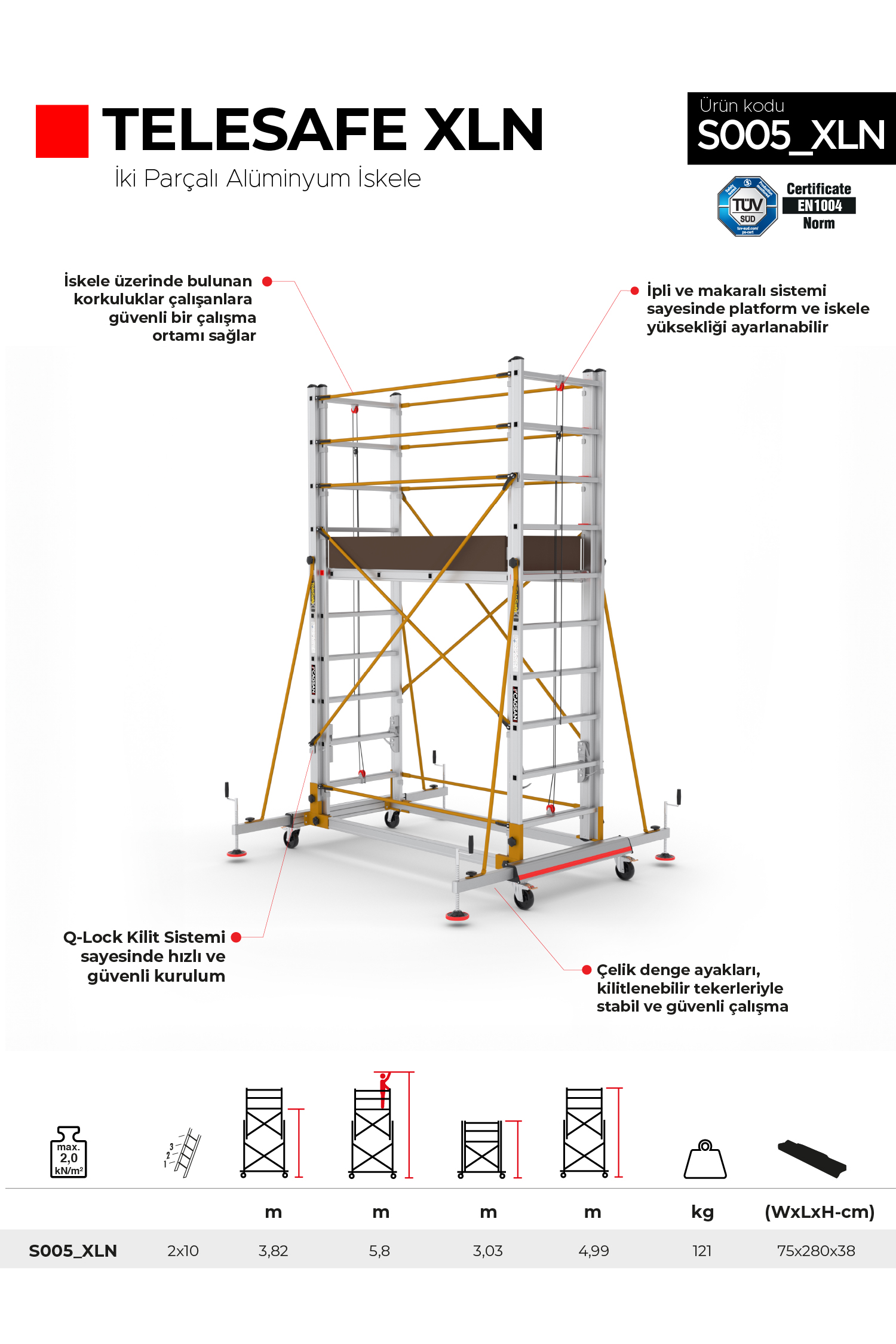 2x10 Basamaklı 5,8 M Çalışma Yüksekliği Telesafe Xln - İki Parçalı Alüminyum İskele S005_xln 2x10 Basamak