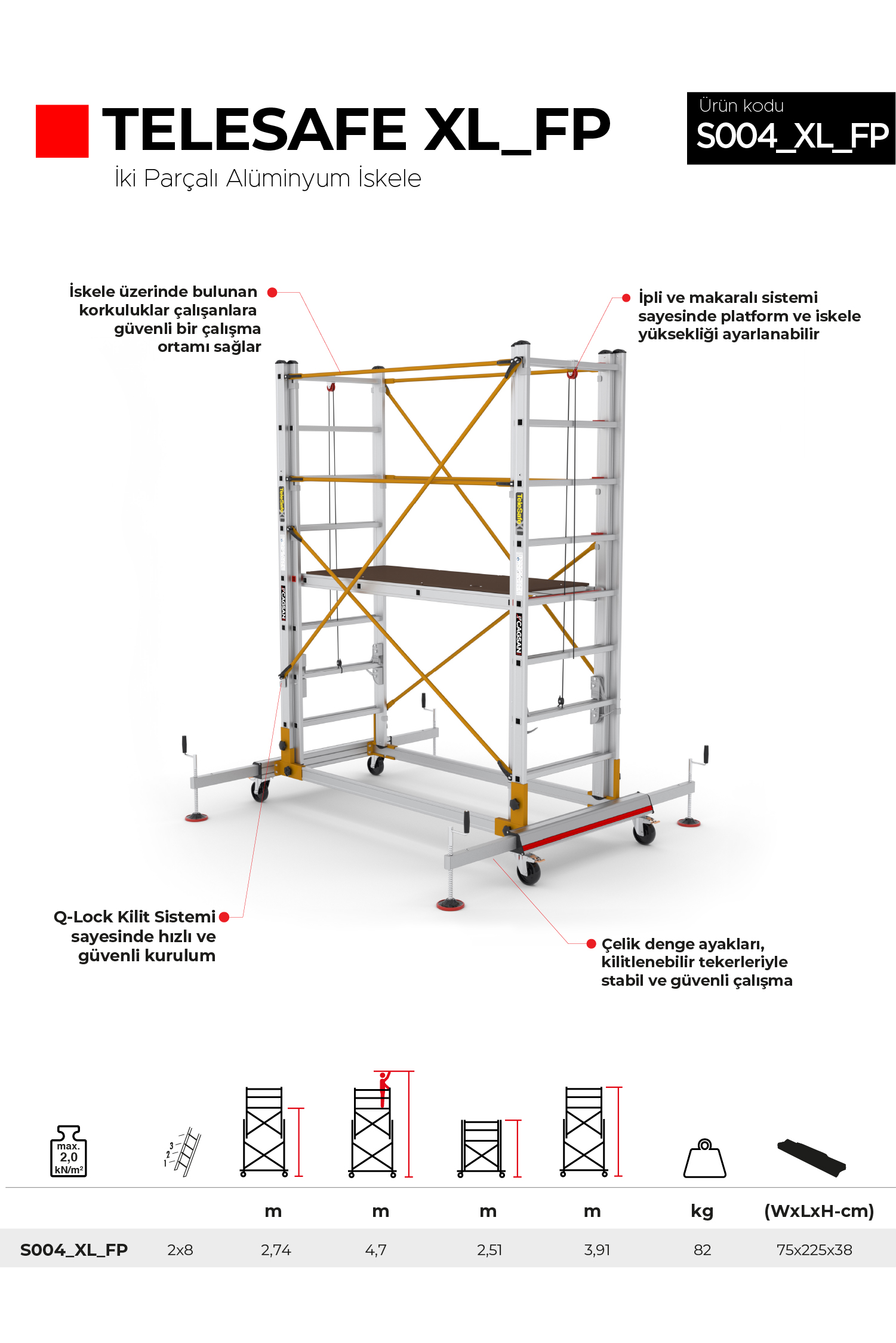 2x8 Basamaklı 4,7 M Çalışma Yüksekliği Telesafe Xl_fp - İki Parçalı Alüminyum İskele S004_xl_fp 2x8  Basamak