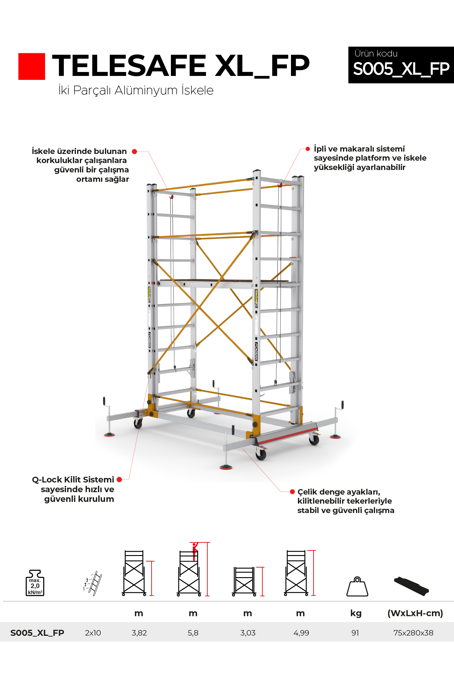 2x10 Basamaklı 5,8 M Çalışma Yüksekliği Telesafe Xl_fp - İki Parçalı Alüminyum İskele S005_xl_fp 2x10 Basamak