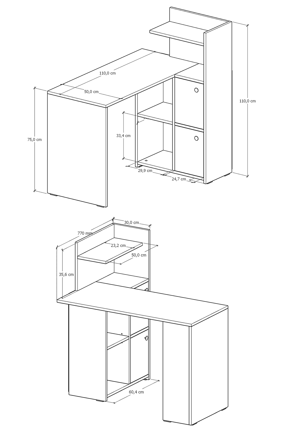 L Çalışma Masası Kitaplıklı Dolaplı Meşe Beyaz