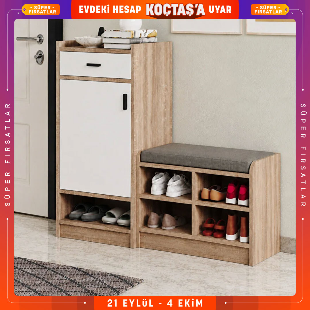 Hofga Mobilyalarda Sepette %25 İndirim Kergah Puflu 1 Kapaklı Çok Raflı Çekmeceli Ayakkabılık Kapı Önü Antre Hol Ayakkabılığı 4.042,50 TL